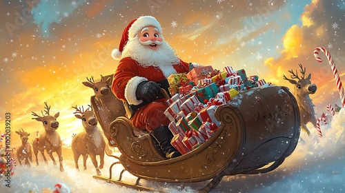 A cute cartoon Santa Claus riding a sleigh full of gifts with reindeer leading the way, surrounded by candy canes and snowflakes, vibrant holiday colors, playful expressions, fun winter atmosphere, photo