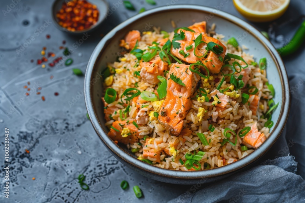 Grilled salmon served over vegetable fried rice with sesame seeds and fresh herbs for a healthy Asian-inspired dish Grilled salmon served over vegetable fried rice with sesame seeds and fresh herbs for a healthy Asian-inspired dish