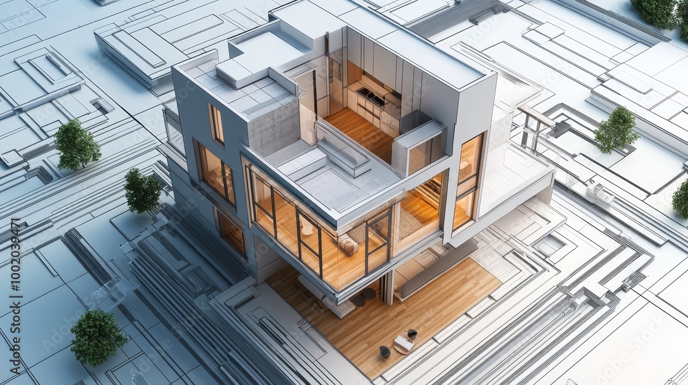 Modern House Architectural Design Blueprint with Interior Views Modern House Architectural Design Blueprint with Interior Views