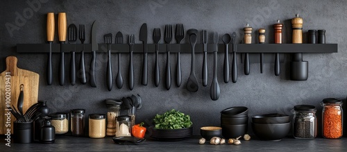 A modern kitchen counter with black utensils hanging on a magnetic rack, jars of spices, a wooden cutting board, black bowls and a small bowl of fresh parsley. photo