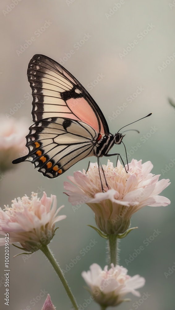 Fototapeta premium Butterfly with orange wings perched on pink flower