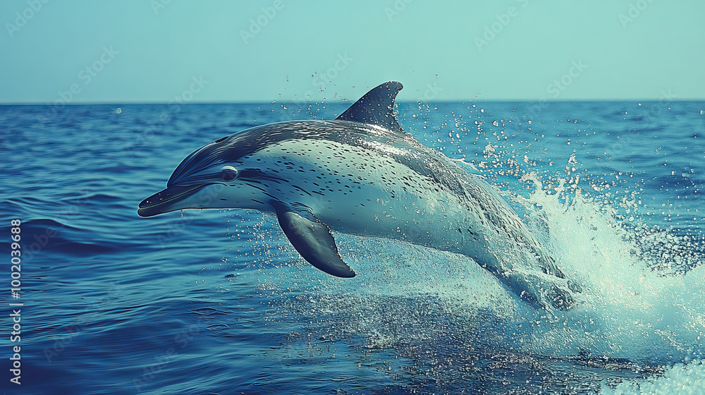 Fototapeta premium A spotted dolphin leaps out of the water, creating a splash.