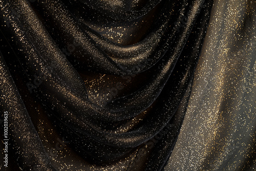 A close-up of black fabric draped elegantly, adorned with shimmering gold specks, creating a luxurious and festive atmosphere.