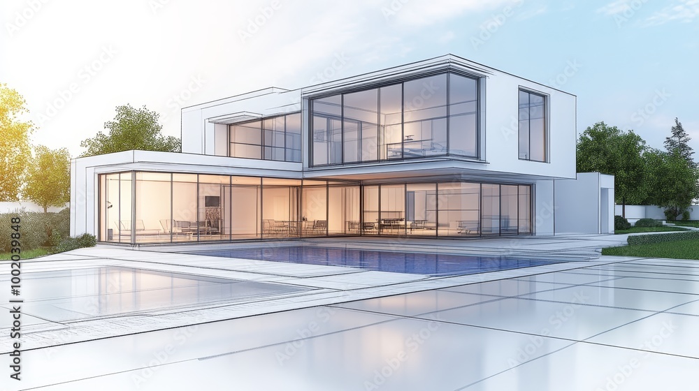 Modern House Sketch with Swimming Pool and Garden Modern House Sketch with Swimming Pool and Garden