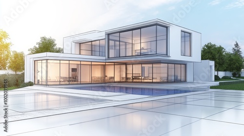 Modern House Sketch with Swimming Pool and Garden