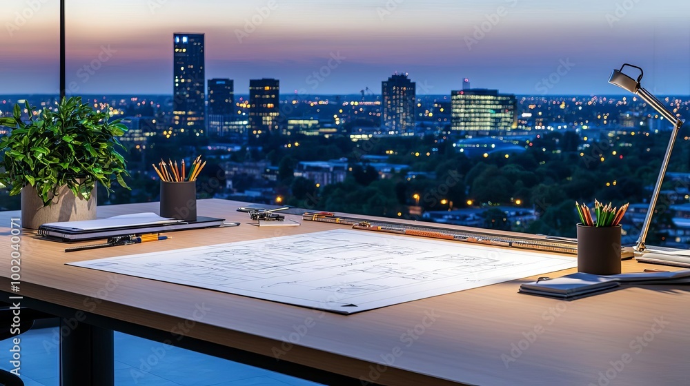 Obraz premium Large drafting board with technical designs in progress