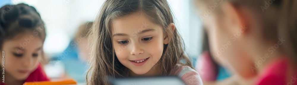 Happy Young Girl Looking At Digital Tablet In Classroom Happy Young Girl Looking At Digital Tablet In Classroom