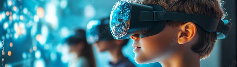 Boy Wearing VR Headset Immersed in Virtual Reality Boy Wearing VR Headset Immersed in Virtual Reality