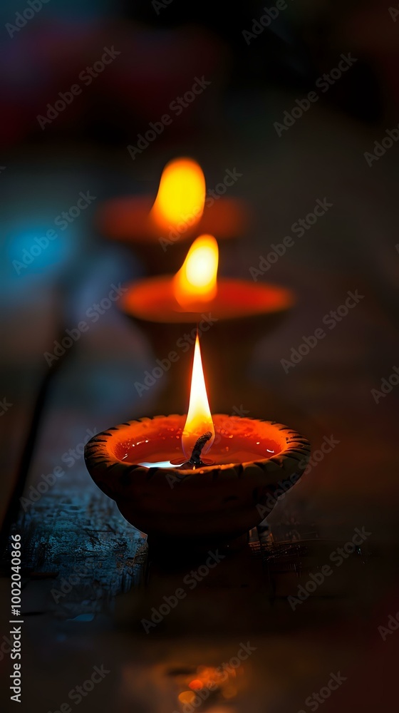 A row of lit oil lamps casting warm light, symbolizing celebration and spirituality. A row of lit oil lamps casting warm light, symbolizing celebration and spirituality.