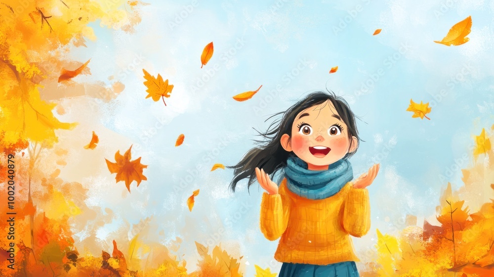 An animated image of a joyful girl wearing a scarf, with autumn leaves falling around her against a warm, golden-hued backdrop suggesting an autumn setting. An animated image of a joyful girl wearing a scarf, with autumn leaves falling around her against a warm, golden-hued backdrop suggesting an autumn setting.