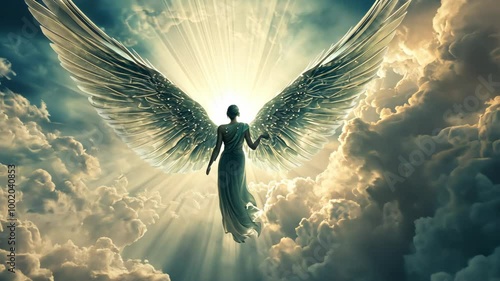An angel with large wings soars through the clouds, bathed in a radiant light