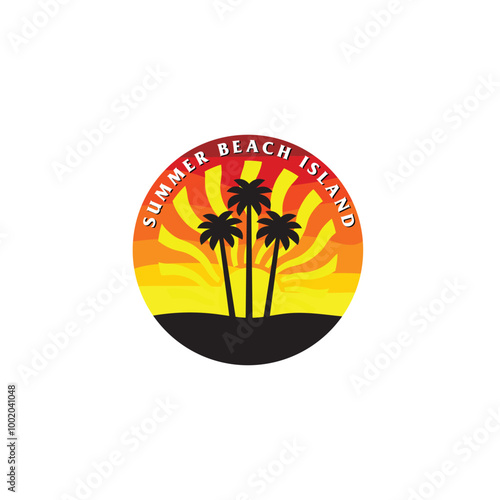 Summer beach sticker with a surfer theme. Emblem with sea wave surfboard and palm tree. Sticker or label or t-shirt print, emblem.
 photo