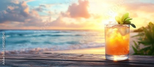 A refreshing cocktail with ice and mint on a wooden surface, with a blurred background of an ocean and a golden sunset.