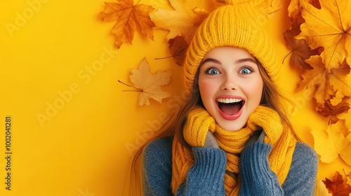 A joyful young woman wearing a yellow hat and scarf, surrounded by autumn leaves against a vibrant yellow background, embodying the spirit of fall.
