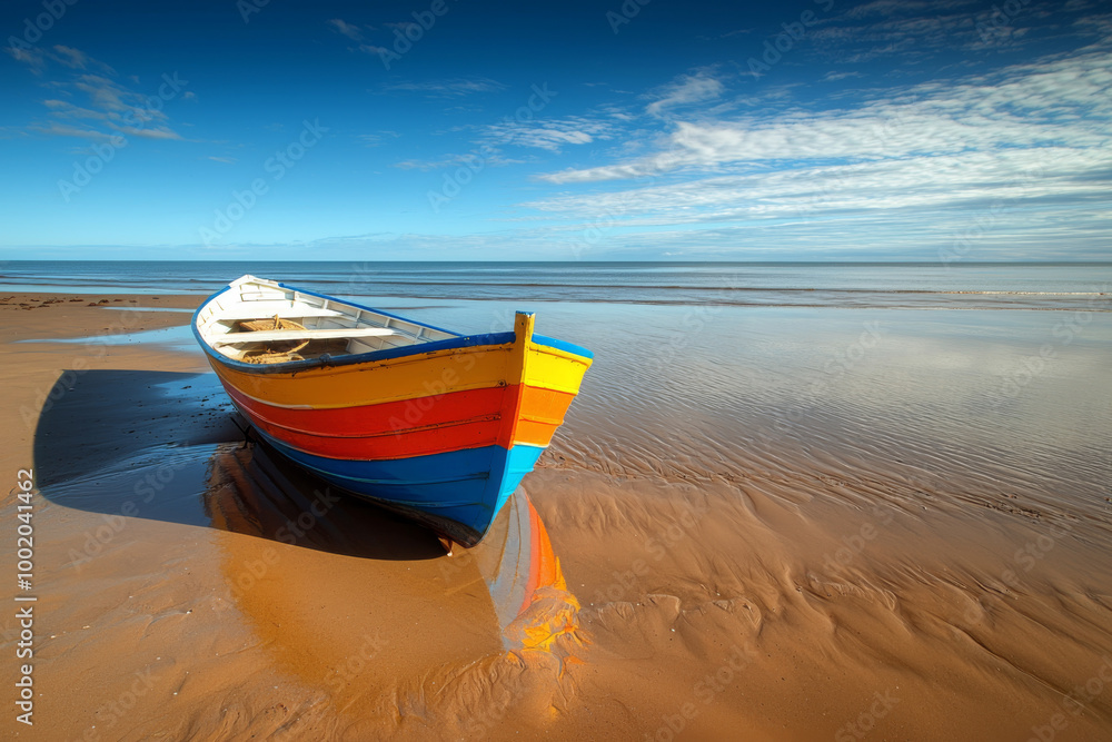 A colorful boat rests on a sandy beach under a bright blue sky, reflecting tranquility and leisure by the sea. A colorful boat rests on a sandy beach under a bright blue sky, reflecting tranquility and leisure by the sea.