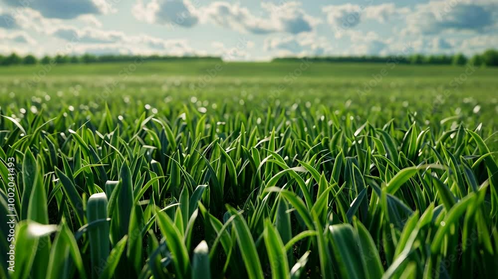 A field of green grass stretches out beneath a partly cloudy sky