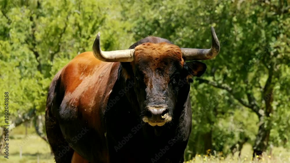 Close up of a brown Bull surrounded by green trees Close up of a brown Bull surrounded by green trees