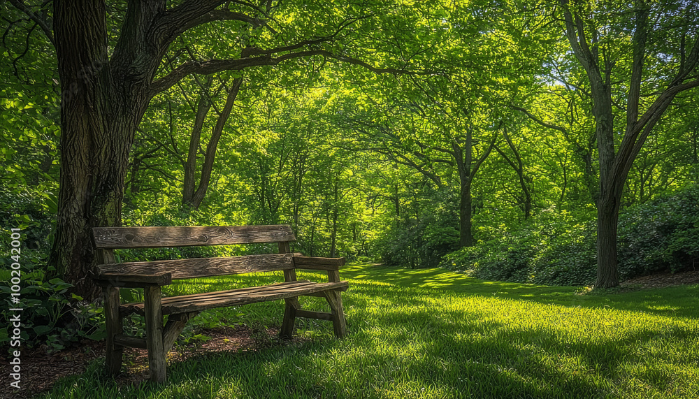 A serene park scene featuring a wooden bench surrounded by lush greenery, inviting relaxation and reflection in nature. A serene park scene featuring a wooden bench surrounded by lush greenery, inviting relaxation and reflection in nature.