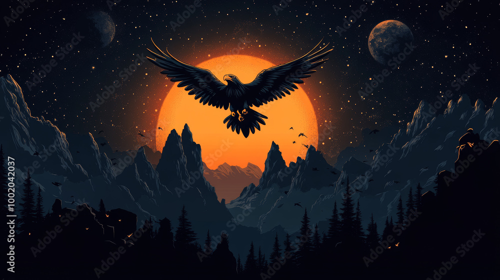 Silhouette of an eagle soaring through the night sky, against a backdrop of mountains. Silhouette of an eagle soaring through the night sky, against a backdrop of mountains.