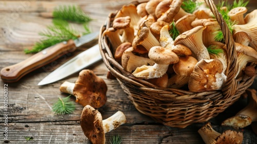 Freshly Gathered Mushrooms in a Rustic Basket