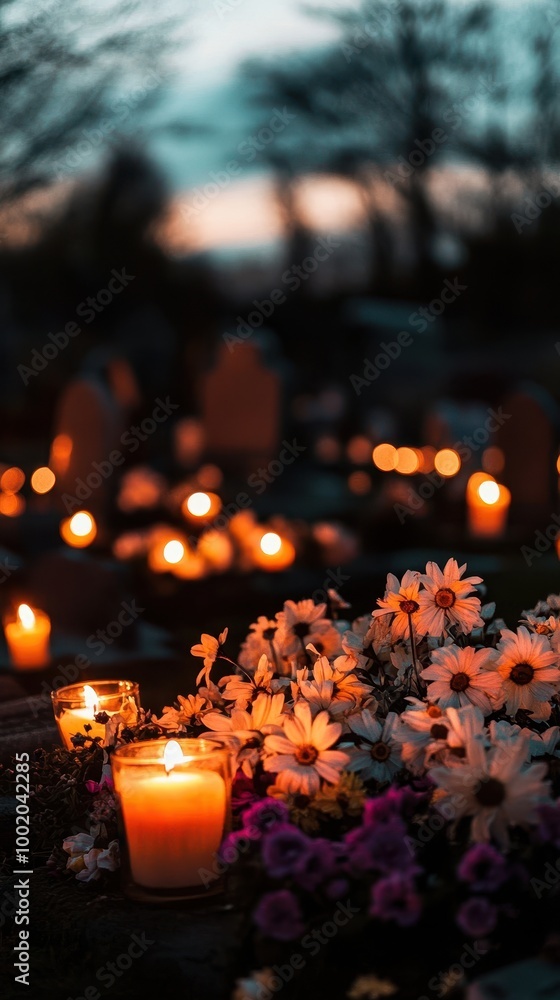 Candles light up graves with flowers, creating a serene mood for All Souls' Day Candles light up graves with flowers, creating a serene mood for All Souls' Day