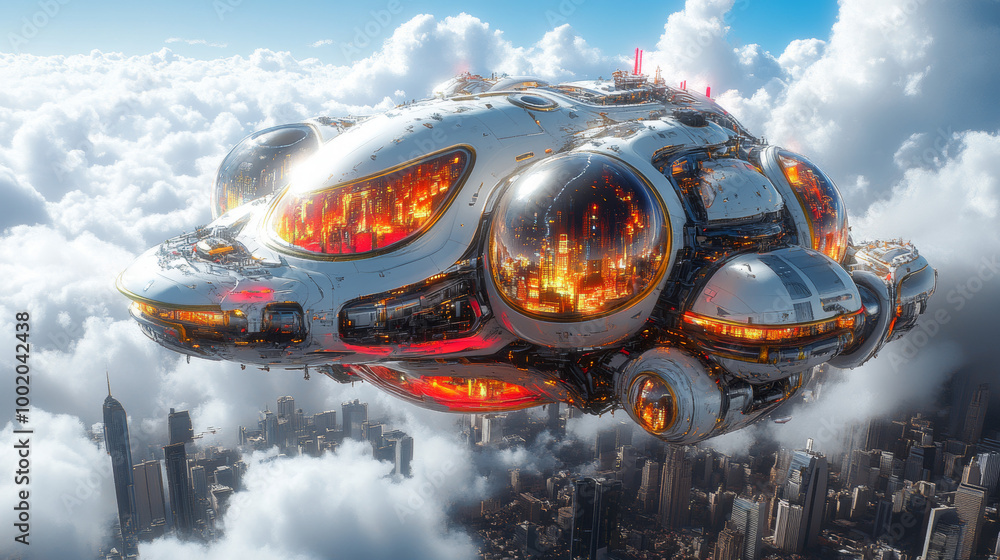 A futuristic spacecraft hovers above a city, glowing with warm light. A futuristic spacecraft hovers above a city, glowing with warm light.