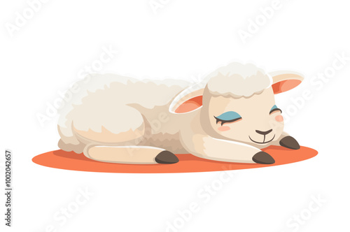A peaceful cartoon lamb sleeping on a soft red mat with closed eyes and a gentle smile. The lamb has fluffy white wool and looks calm and cozy.