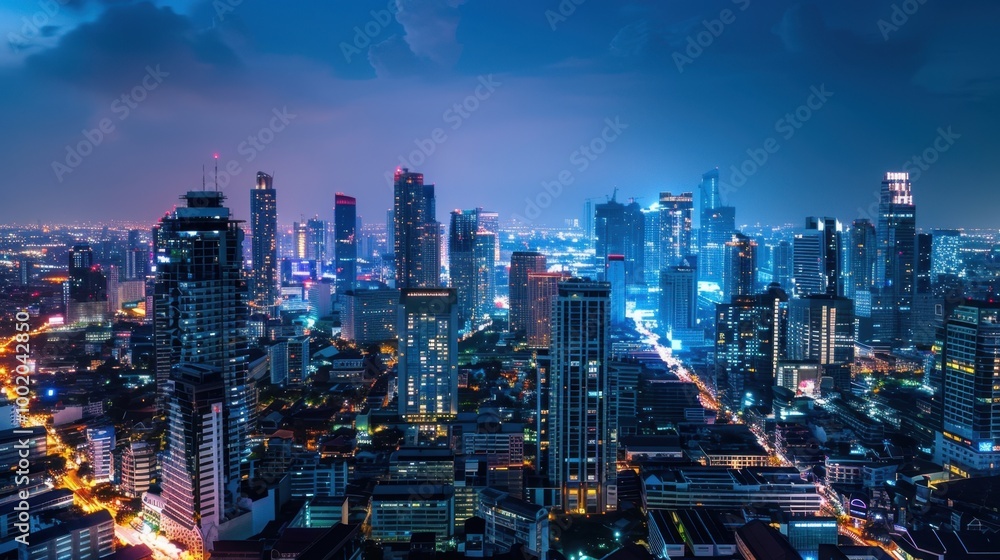 Fototapeta premium Night Cityscape with Skyline and Illuminated Buildings