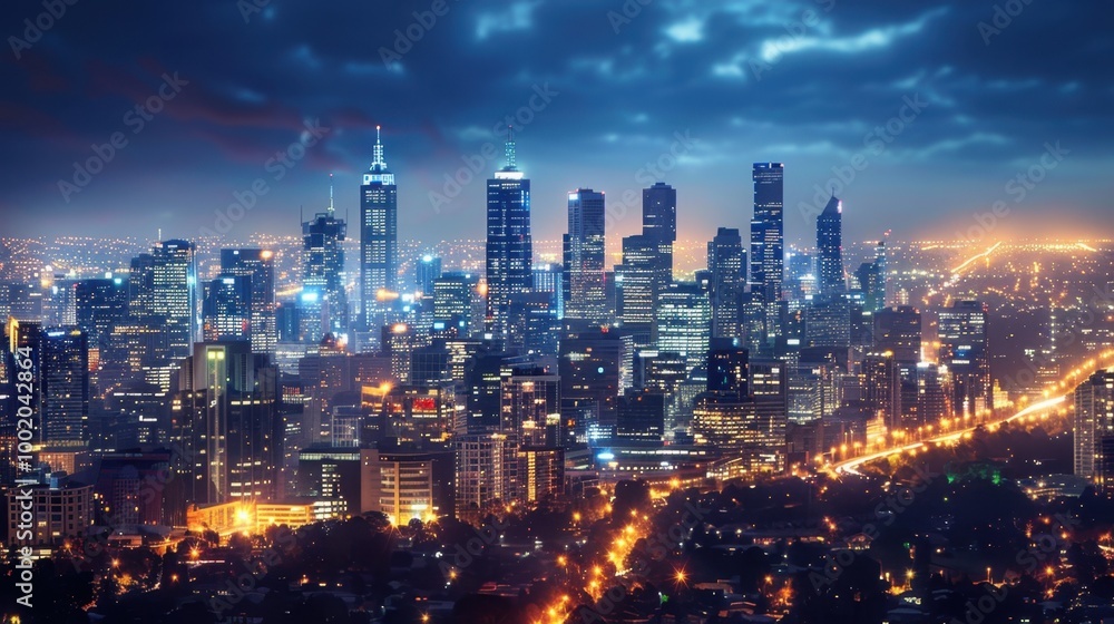 Obraz premium Nighttime Cityscape with Dramatic Sky