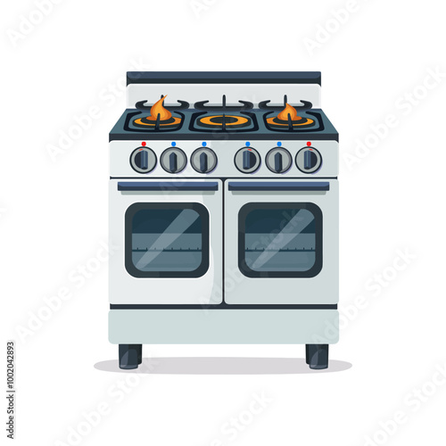 A realistic illustration of a modern gas stove with four burners, two of which are lit with flames. The stove is white with a sleek design and double oven doors.
