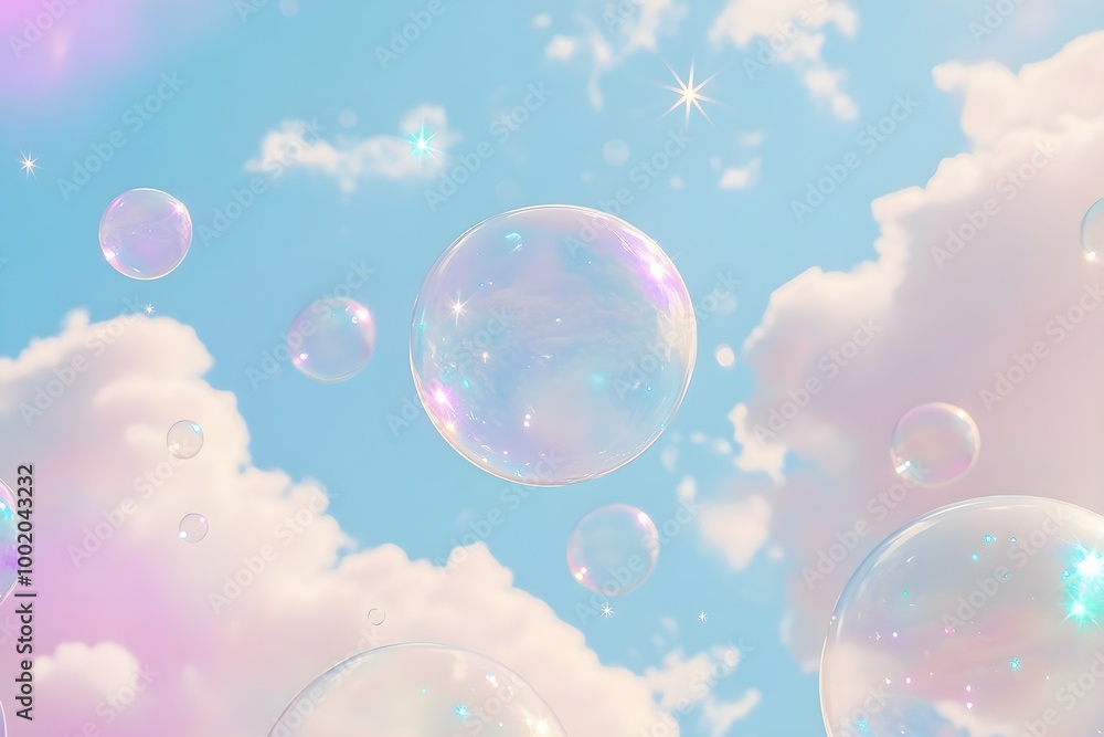 a dreamy sky scene with several translucent soap bubbles floating against a backdrop of a bright blue sky. The sky is dotted with fluffy, soft pink and white clouds. The bubbles reflect a spectrum of a dreamy sky scene with several translucent soap bubbles floating against a backdrop of a bright blue sky. The sky is dotted with fluffy, soft pink and white clouds. The bubbles reflect a spectrum of