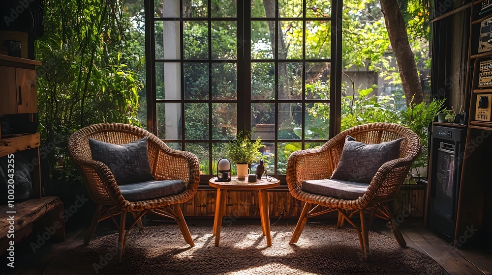 Obraz premium Rustic podcast studio featuring wicker chairs, wooden accents, open windows with greenery outside, wireless mics, warm natural lighting, serene vibe