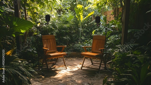 Rustic outdoor podcast setup, two wooden chairs facing each other, wireless microphones, surrounded by lush greenery and soft natural light photo