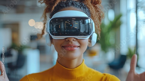 Wallpaper Mural A young woman explores virtual reality technology in a modern office environment during the day Torontodigital.ca