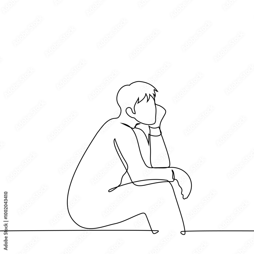 man sitting supporting chin with hand, drawing in profile - one line art vector. concept dreamy, procrastinating, waiting, lazy man sitting man sitting supporting chin with hand, drawing in profile - one line art vector. concept dreamy, procrastinating, waiting, lazy man sitting
