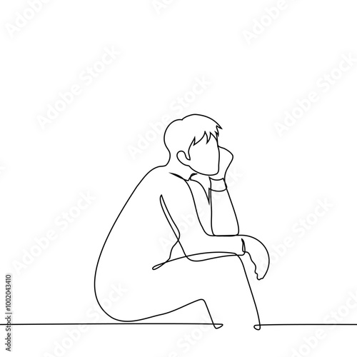 man sitting supporting chin with hand, drawing in profile - one line art vector. concept dreamy, procrastinating, waiting, lazy man sitting