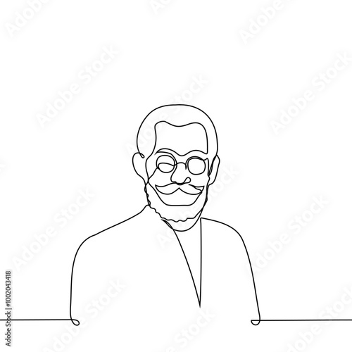 old stylish man portrait in round glasses with beard and twisted top mustache tips - one line art vector. concept stylish, fashionable elderly man