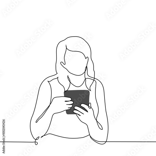 woman holding tablet vertically with both hands - single line vector image. concept of woman using tablet or device with big screen