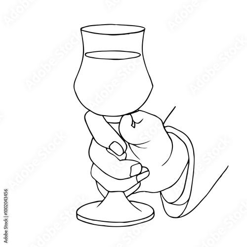 Male hand holding a goblet glass - single line vector. concept cocktail in a goblet glass, drinks for guests photo