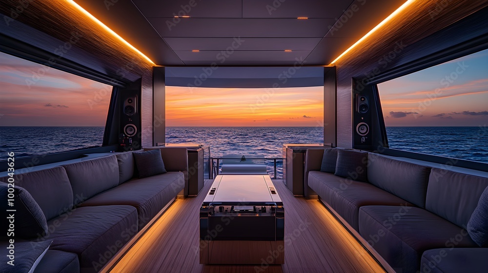Sleek yacht podcast environment with minimalist leather seating, brushed chrome mics, and open-air views of rolling ocean waves at twilight Sleek yacht podcast environment with minimalist leather seating, brushed chrome mics, and open-air views of rolling ocean waves at twilight