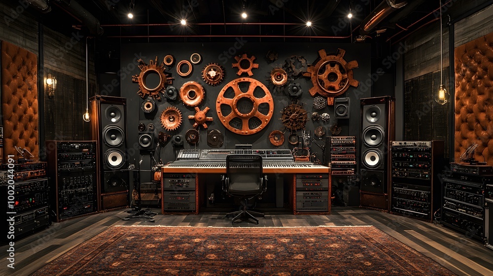 Obraz premium Steampunk-themed recording studio with cog-filled walls, copper accents, and vintage microphones, surrounded by dark, moody lighting and a mechanical vibe