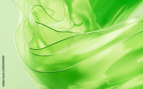 Fototapeta Naklejka Na Ścianę i Meble -  Flowing transparent green multilayer glass background, 3d rendering.