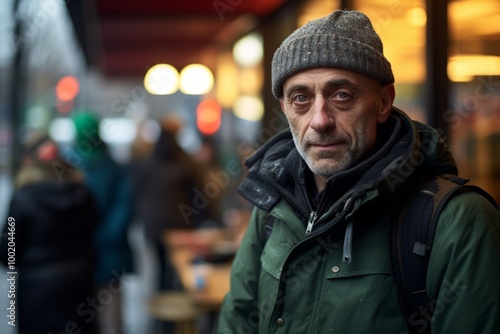 Portrait of an elderly man with a backpack in the city.