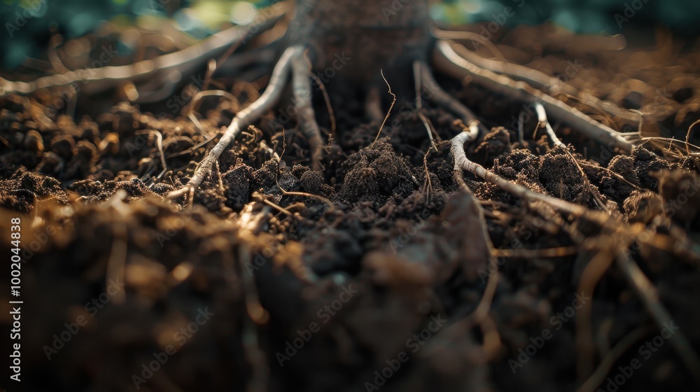 Fototapeta premium Roots in Rich Soil Underneath a Tree Canopy