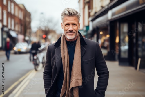 Handsome middle-aged man with grey hair and beard wearing a coat and a scarf on a city street