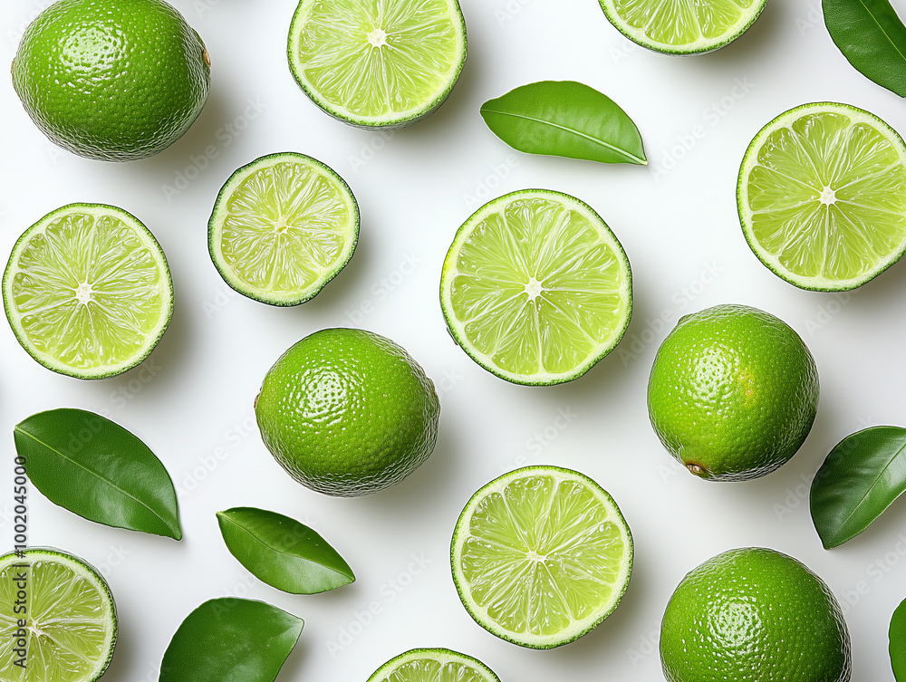 Fresh whole and sliced green limes with leaves on a white background, top view citrus fruit pattern for healthy food and beverage ingredients Fresh whole and sliced green limes with leaves on a white background, top view citrus fruit pattern for healthy food and beverage ingredients
