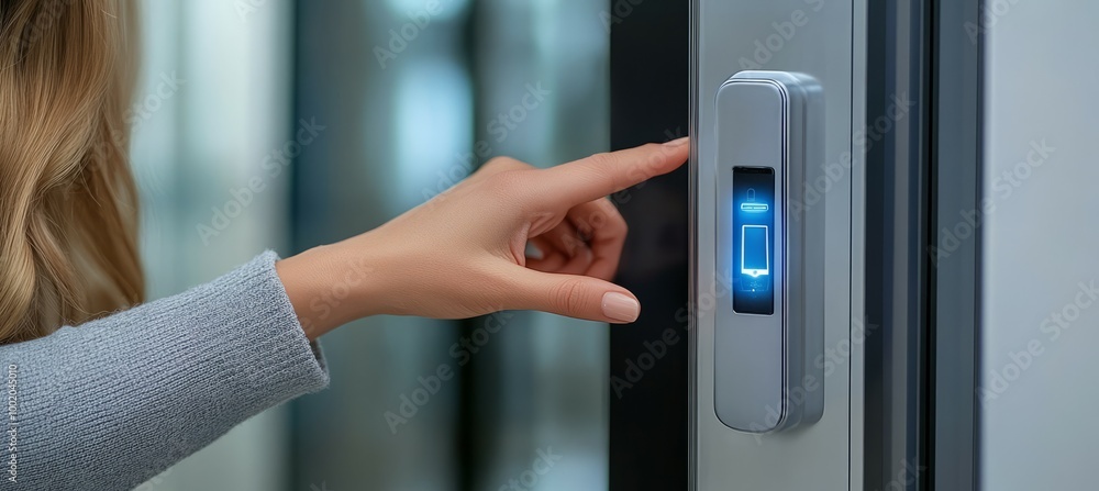 Businesswoman put fingerprint for digital lock door. Cyber security system. Generative AI technology.
Businesswoman put fingerprint for digital lock door. Cyber security system. Generative AI technology.