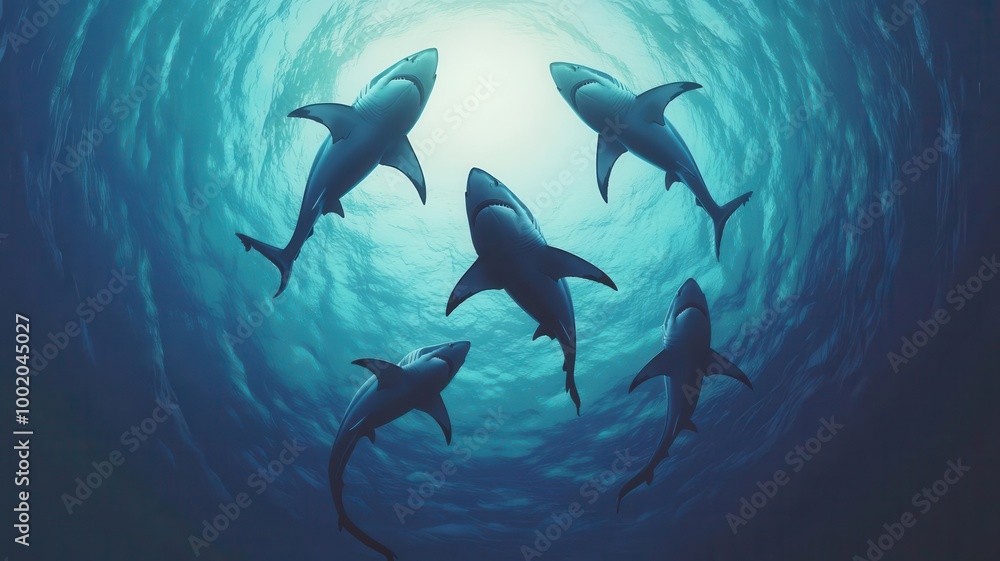 Fototapeta premium Majestic great white sharks circling beneath the surface of the ocean, captured in an artistic, circular composition, with detailed textures and deep blue tones