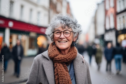 Portrait of a smiling senior woman with glasses and scarf in the city
