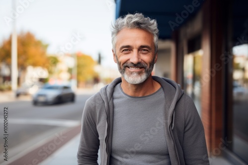 Handsome middle-aged man with grey hair and beard standing in a city street.